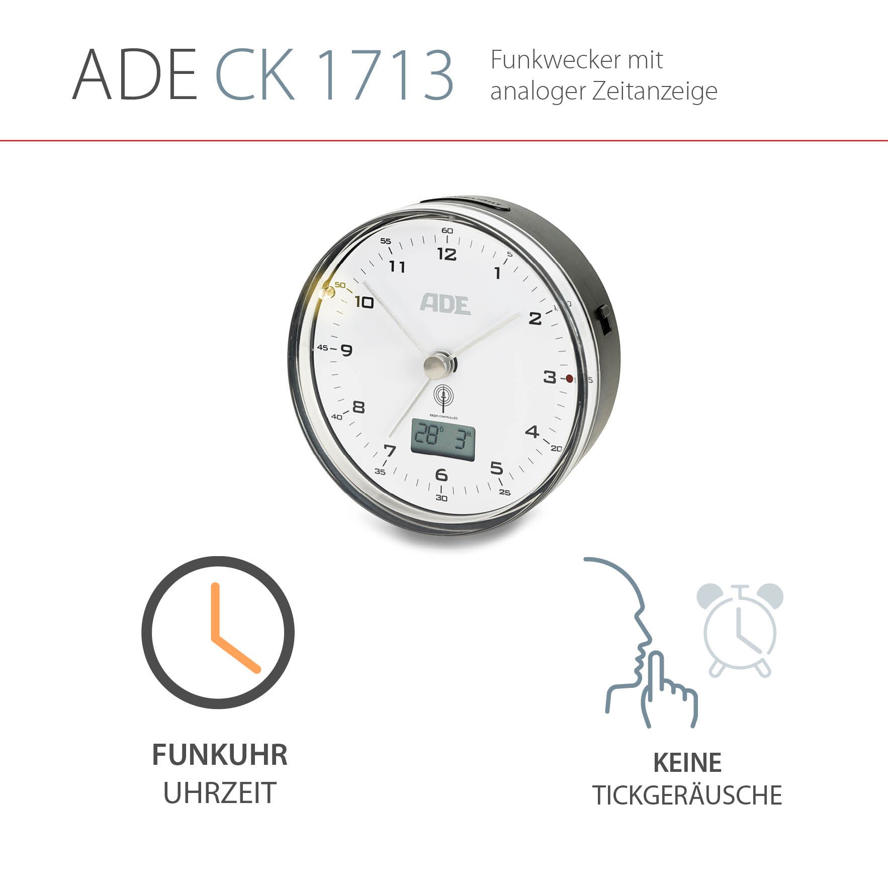 ADE CK1713 Radio Controlled Analogue Alarm Clock Plastic Clock and Thermometer – Black/White, 3.4 x 8.2 x 8.2 cm