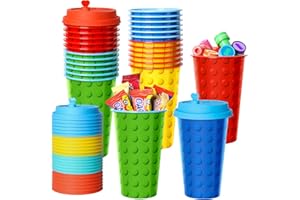 FZR Legend Building Blocks Party Favors Goodie Cups, 24 Pack Birthday Party Cups in 4 Designs, 16OZ Reusable Colorful Blocks Plastic Party Supplies Decorations Cups with Lids Plugs for Kids