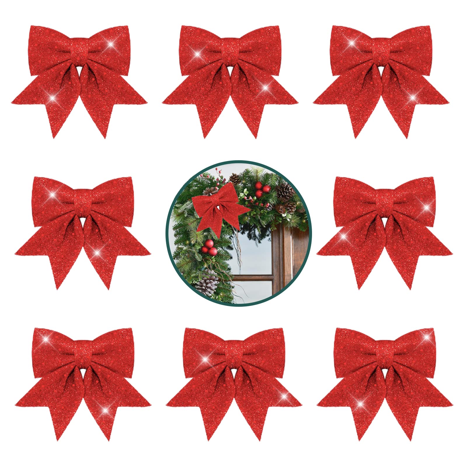 Red Glitter Christmas Tree Wreaths Bows, 5.5in Foam Bows for Xmas Tree Decorations, Wreath Making, Garland, Gift Wrapping