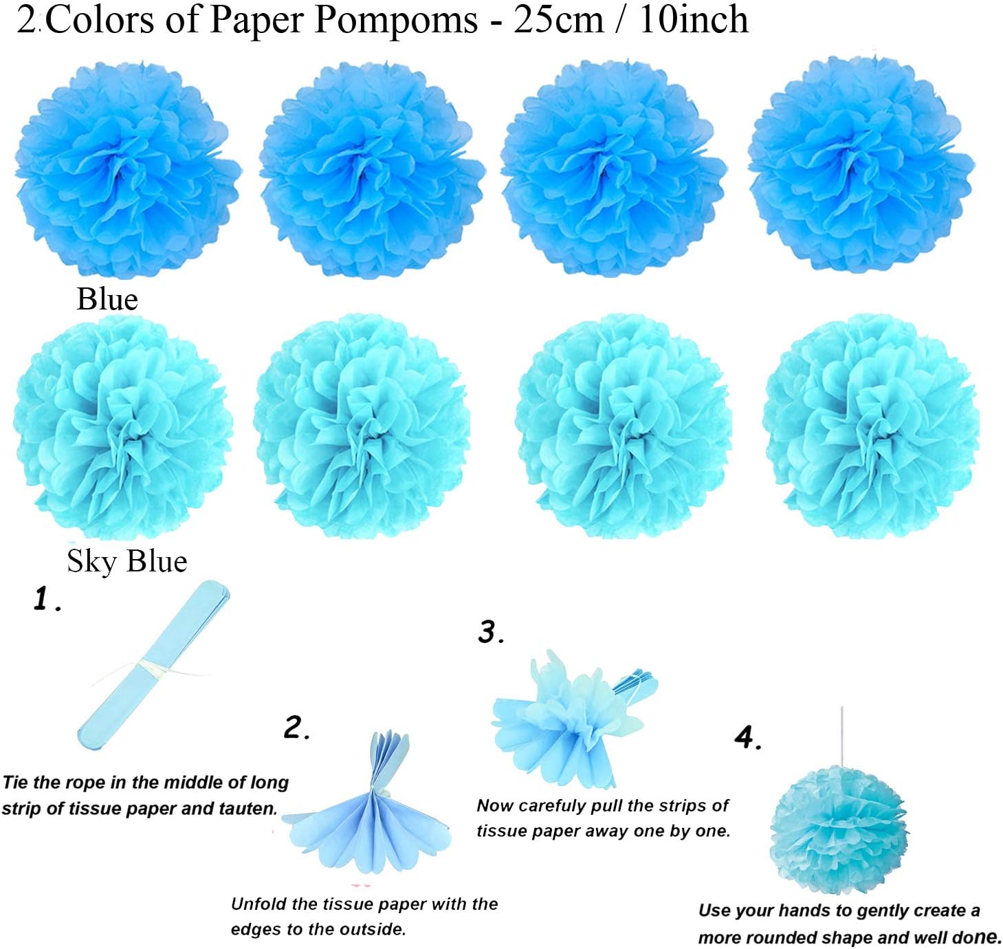 ZERODECO Party Decoration, 21 Pcs Blue Hanging Paper Fans, Pom Poms Flowers - Image 5