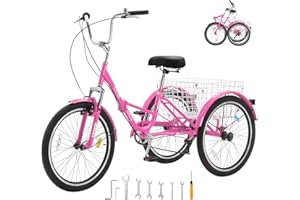 VEVOR Folding Adult Tricycle,7-Speed Adult Folding Trikes, Carbon Steel 3 Wheel Cruiser Bike with Large Basket & Adjustable S