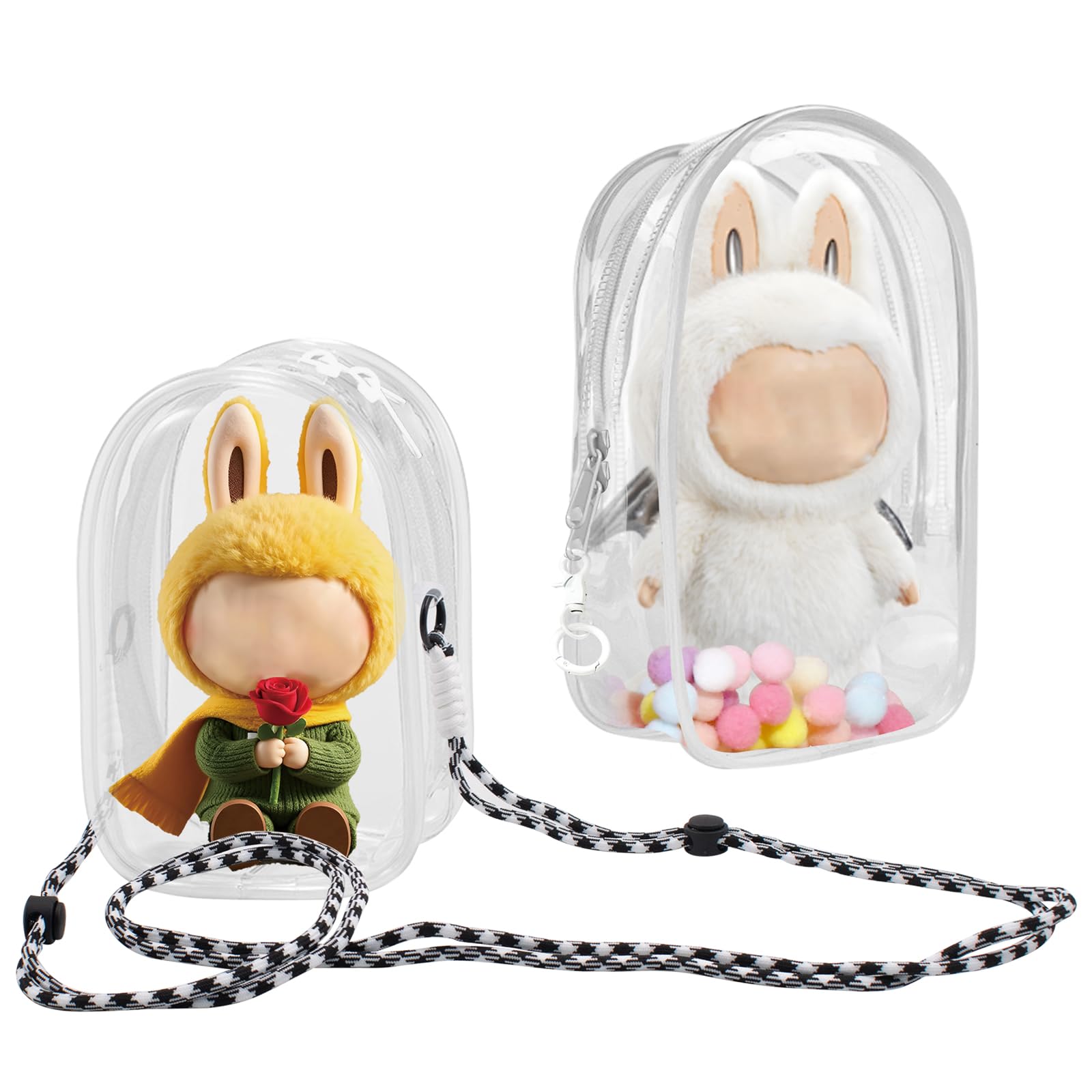 Photo 1 of 2 PCS Protective Case for Plush Doll, Clear Crossbody Display Bag for Labu Doll, Figure Hanging Pouch Keychain Charms, PVC Storage Case for Collectibles (Doll Not Included)