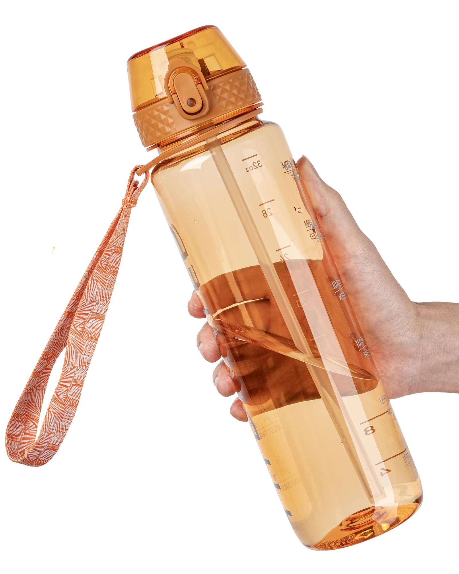 OLDLEY 1L Sports Water Bottle with Straw, Tritan 1 Litre Motivational Drink Bottle, BPA Free Leakproof Transparent Water Bottle with Time Marker for Cycling, School, Gym, Outdoor (Orange)