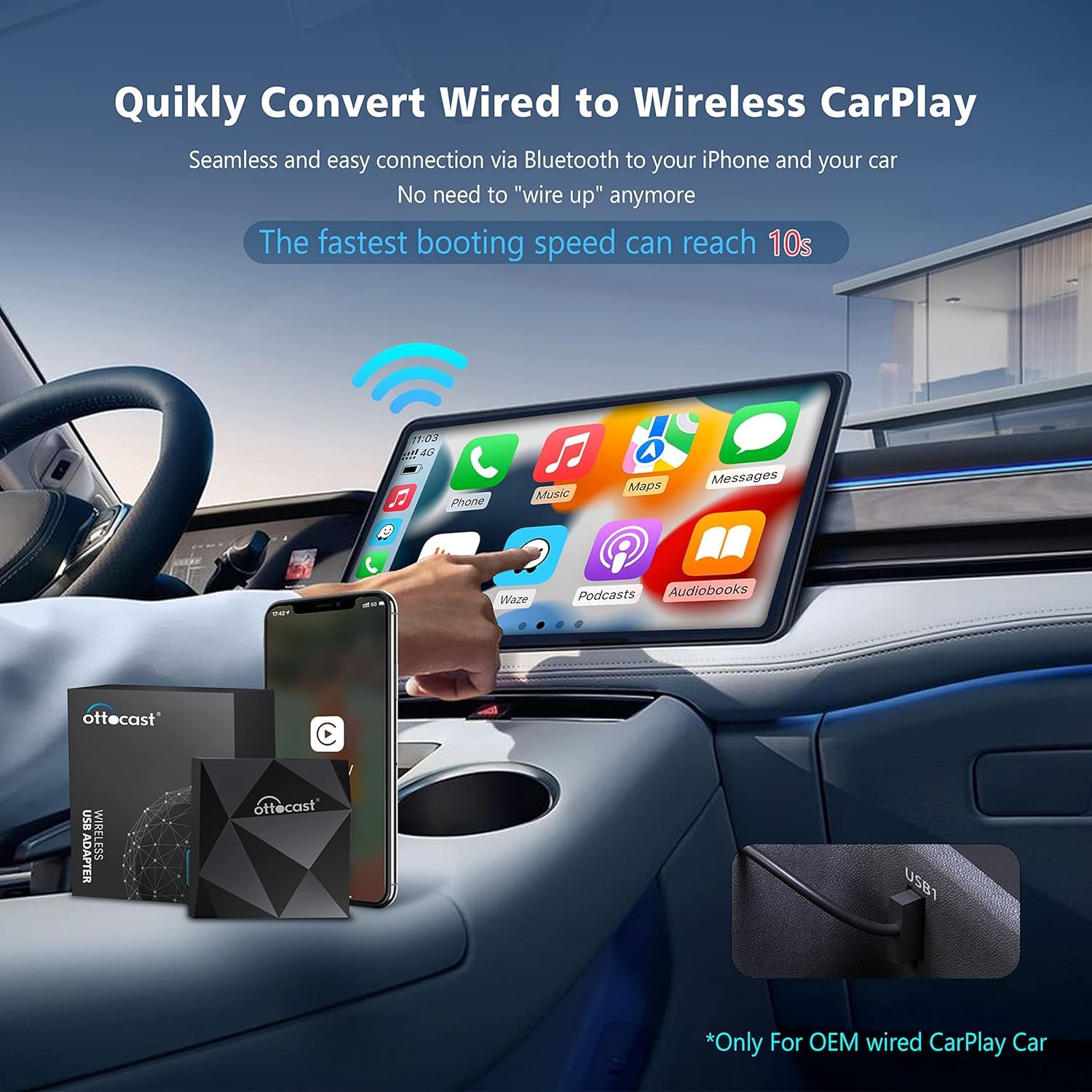 OTTOCAST U2-AIR Wireless CarPlay Adapter 2024 - Apple CarPlay Wireless Adapter Convert Wired to Wireless Plug & Play Dongle 5Ghz WiFi Auto Connect Online Update for iPhone & OEM Wired CarPlay Cars