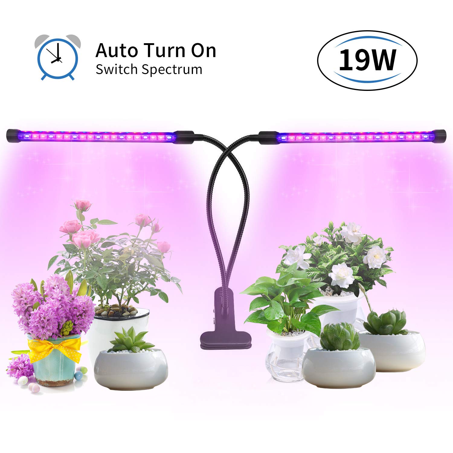 Esonstyle 2018 Upgraded 19W Plant Grow Light Lamps with Auto Turn On/Off Function Dual Head 38 LED 10 Dimmable Levels Grow Lamp Bulbs, 3/9/12H Timer, Spectrum Switching Adjustable (Auto Turn on/Off)