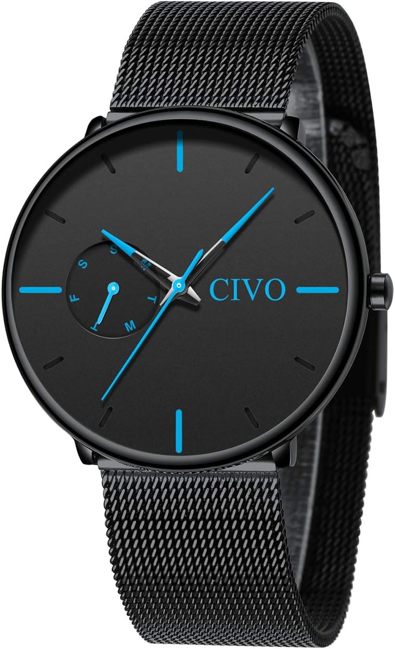 CIVO Mens Black Watches Ultra Thin Minimalist Waterproof Fashion Wrist Watch for Men Business Dress Casual Day Calendar Watches for Man Boys with Stainless Steel Mesh Band