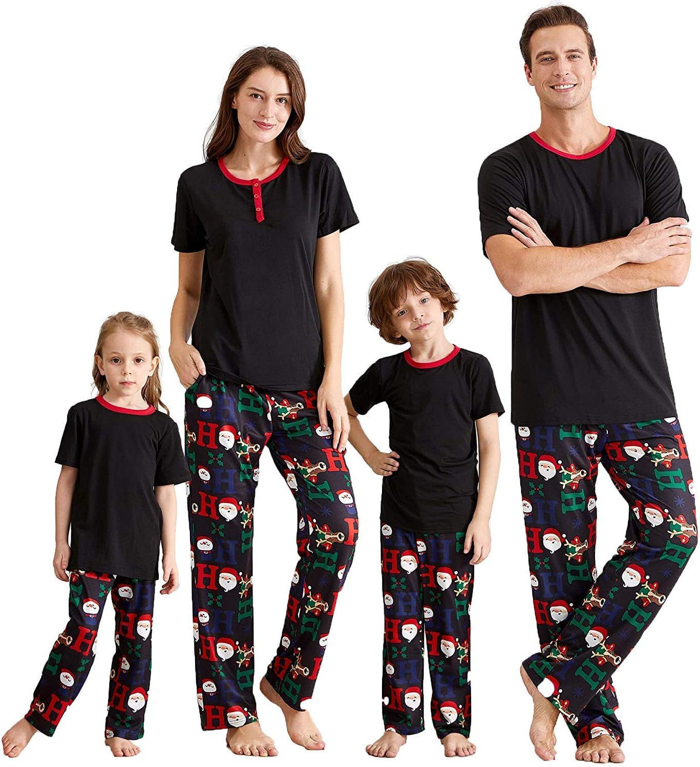 Matching Family Pajamas Sets Christmas PJ's with Short Sleeve Black Tee and HOHOHO Print Pants Loungewear