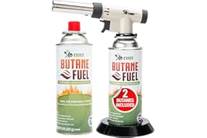 Jo Chef Pro Butane Torch Lighter - Refillable Butane Torch Head, Refillable Adjustable Hand Held Flame Lighter for BBQ, Baking, Brulee Creme, DIY, Crafts and Soldering, Includes 2 Canister