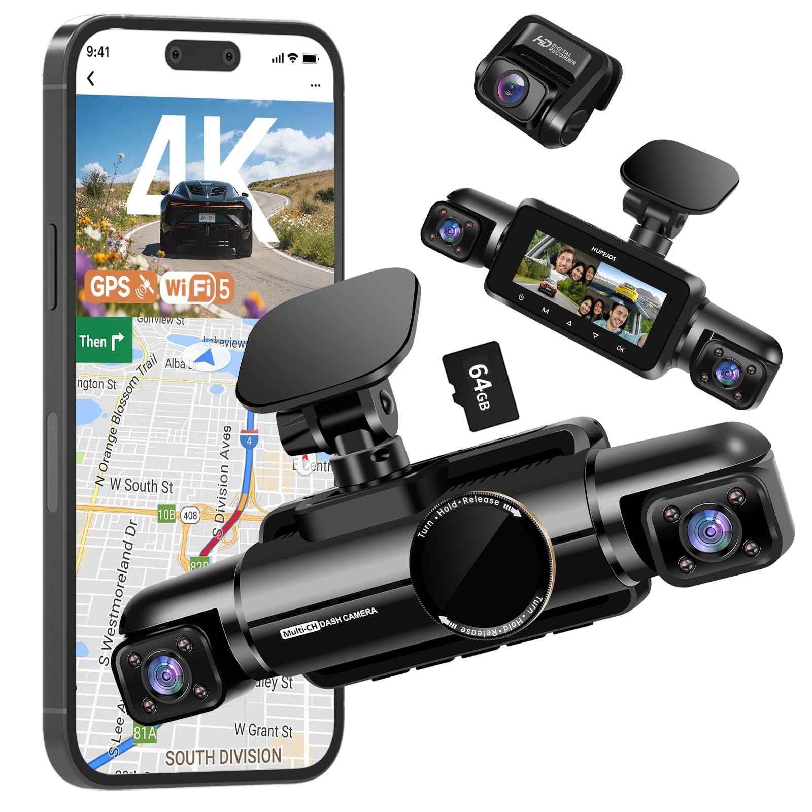 HUPEJOS 4K Dash Cam Front and Rear Inside, 4K+1080P*2 Dash Camera for Cars, 360° 4 Channel 3K+1080P*3 Car Camera, 5GHz Wi-Fi GPS Module, 64GB SD Card, Voice Control, Night Vision, 24H Parking Mode V90