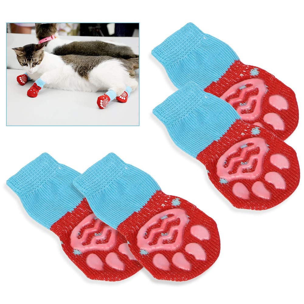 Gresunny 4pcs Anti-Slip Dog Socks Pet Socks with Rubber Reinforcement Knit Cats Dogs Boots Dog Slipper Socks Paws Stop Licking Paw Protector for Indoor Wear Red
