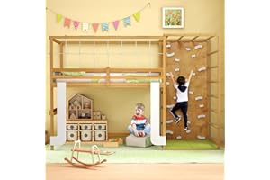 Giantex Twin Bunk Bed with Jungle Gym, 4-in-1 Wooden Loft Bed with Climbing Ladder, Rock Wall & Monkey Bar, Montessori Playhouse Bed with Full Length Guardrail & Wood Slat Support for Kids (Natural)