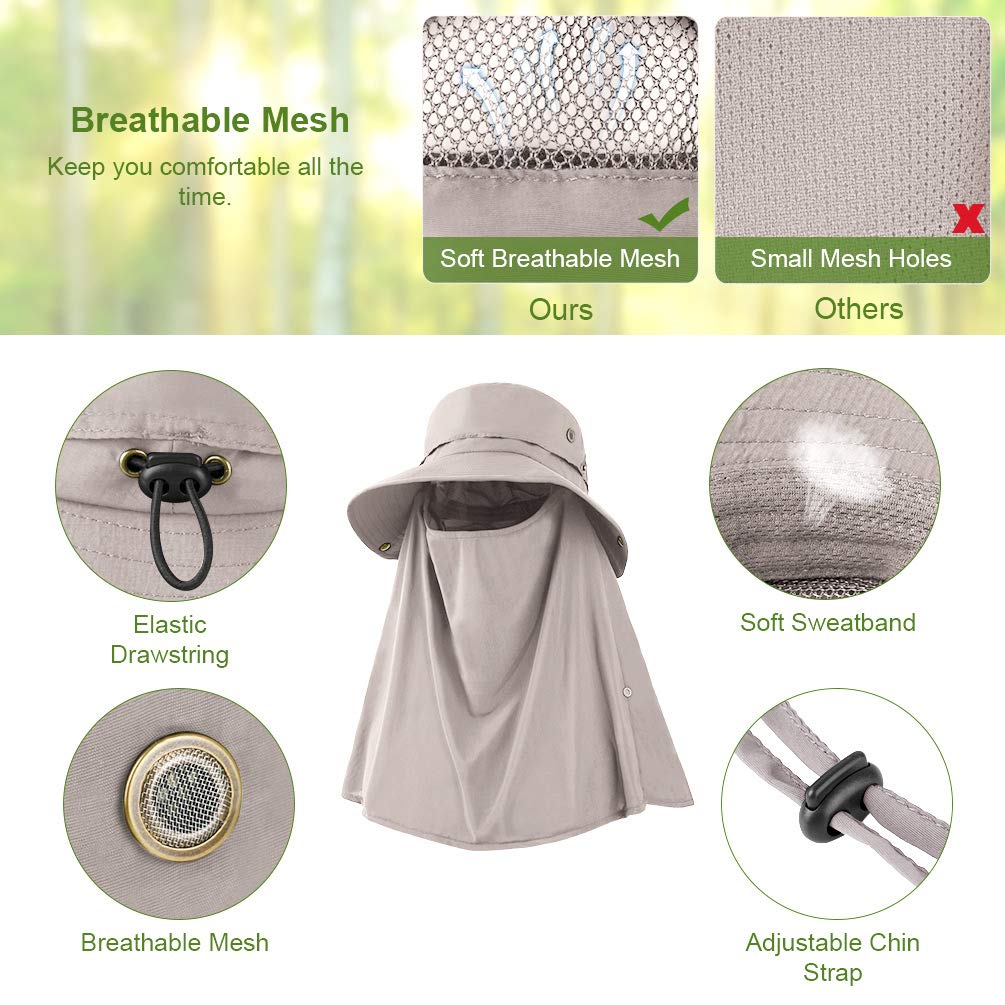 Sun Hat for Men Women Summer Outdoor Sun Protection Wide Brim Bucket Hat Breathable Mesh Fishing Hiking Beach Golf Hat (Khaki)