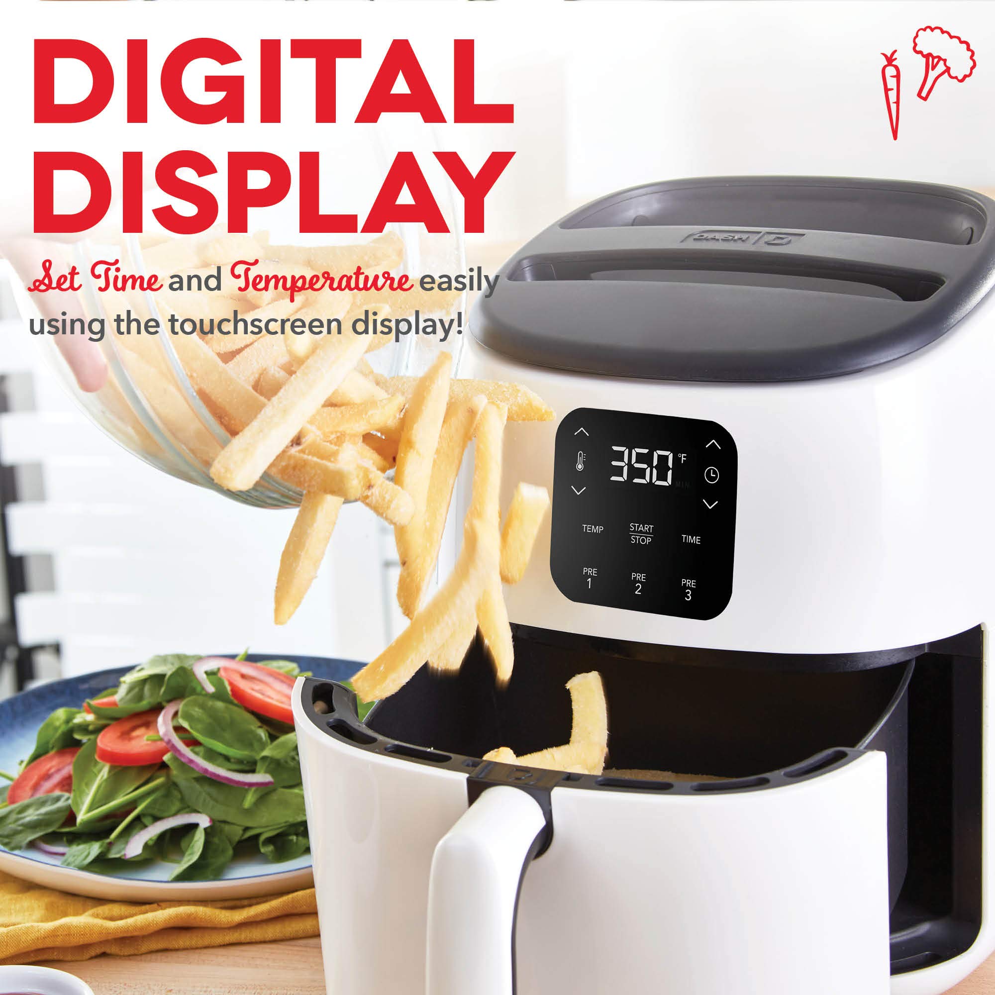Freidora de aire eléctrica DASH Tasti-Crisp™, 2.6 cuartos, blanca - Freidora de aire compacta para alimentos más saludables en minutos, ideal para espacios pequeños - Apagado automático, digital, 1000 vatios