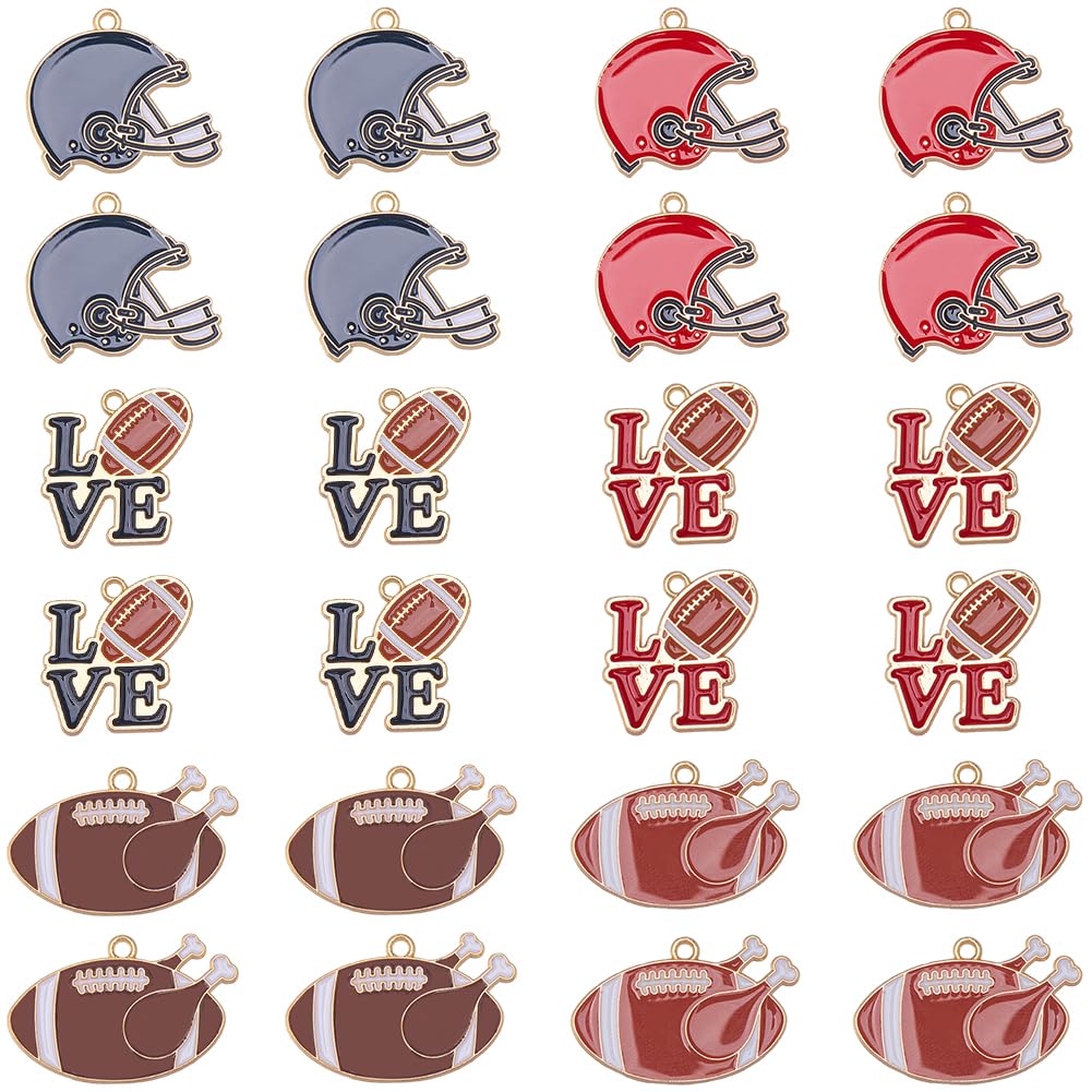 SUNNYCLUE 1 Box 24Pcs 6 Styles Rugby Charms Sports Charms Bulk Alloy Metal Enamel Word Love American Football Sport Charm for jewellery Making Charms Supplies DIY Craft Necklace Bracelet Earring Adult