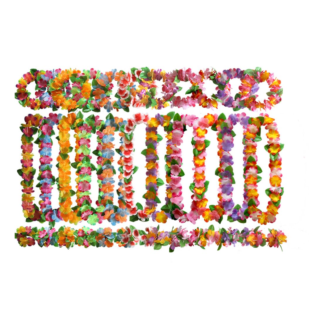 BangShou Hawaiian Flower Garlands with Headbands& Bracelets, Tropical Party Decorations, Hula Necklace Lei, Aloha Tiki Beach Theme Lays for Adults, Caribbean Fancy Dress Accessories