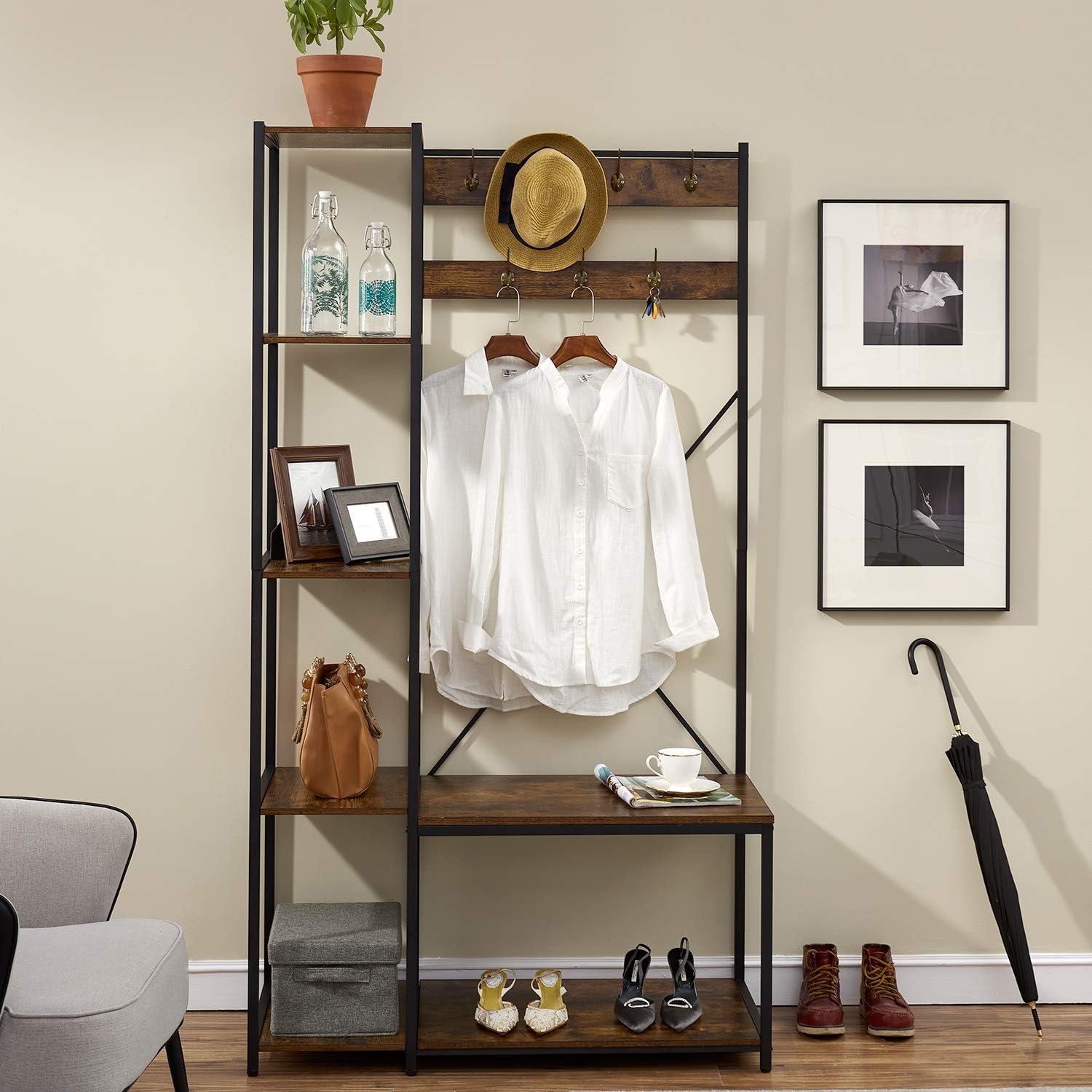 VECELO Coat Rack Bench,Hall Tree with 7 Hooks Entryway Storage 4 Shelves and 1-Tier Shoe Shelf,Wood Look Accent Furniture Metal Frame, Rustic Brown: Home & Kitchen