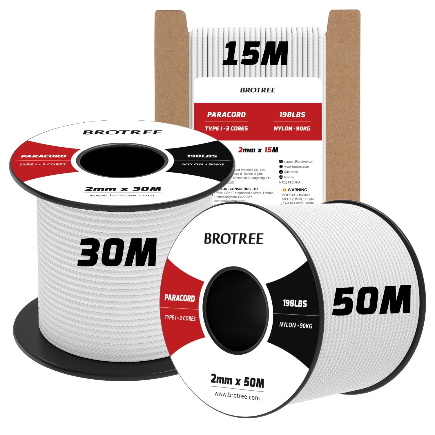 Brotree 2mm Paracord 3 Strands 50M 100% Nylon Rope Parachute Cord for Outdoor, Craft, DIY - 90kg Breaking Load (White) — image 1