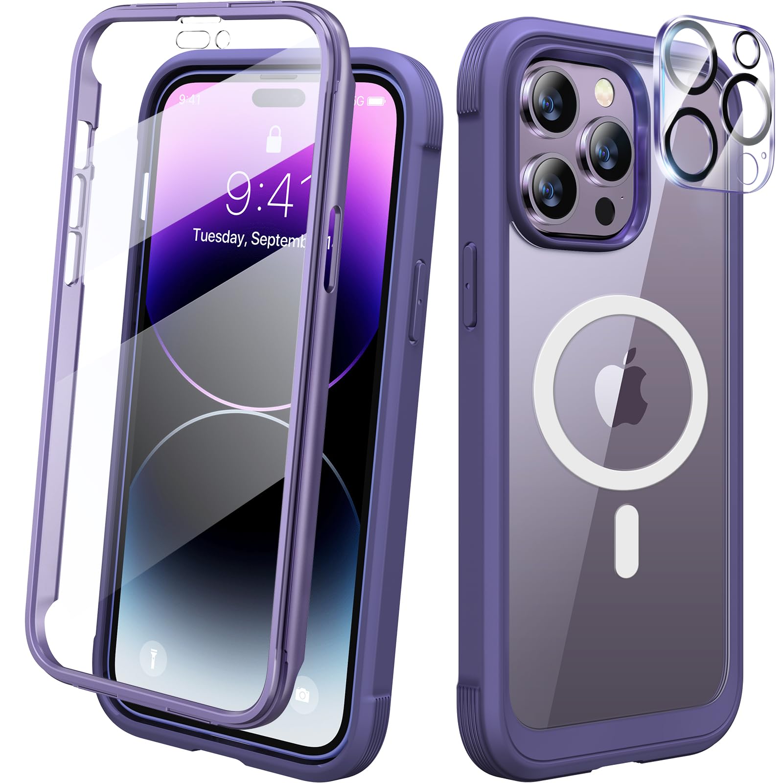 Photo 1 of Diaclara Designed for iPhone 14 Pro Case 6.1’’,[Compatible with MagSafe] Full Body Rugged Magnetic Protective Case+Tempered Glass Camera Lens Protector w/Built-in Screen Protector (Purple-Mag)