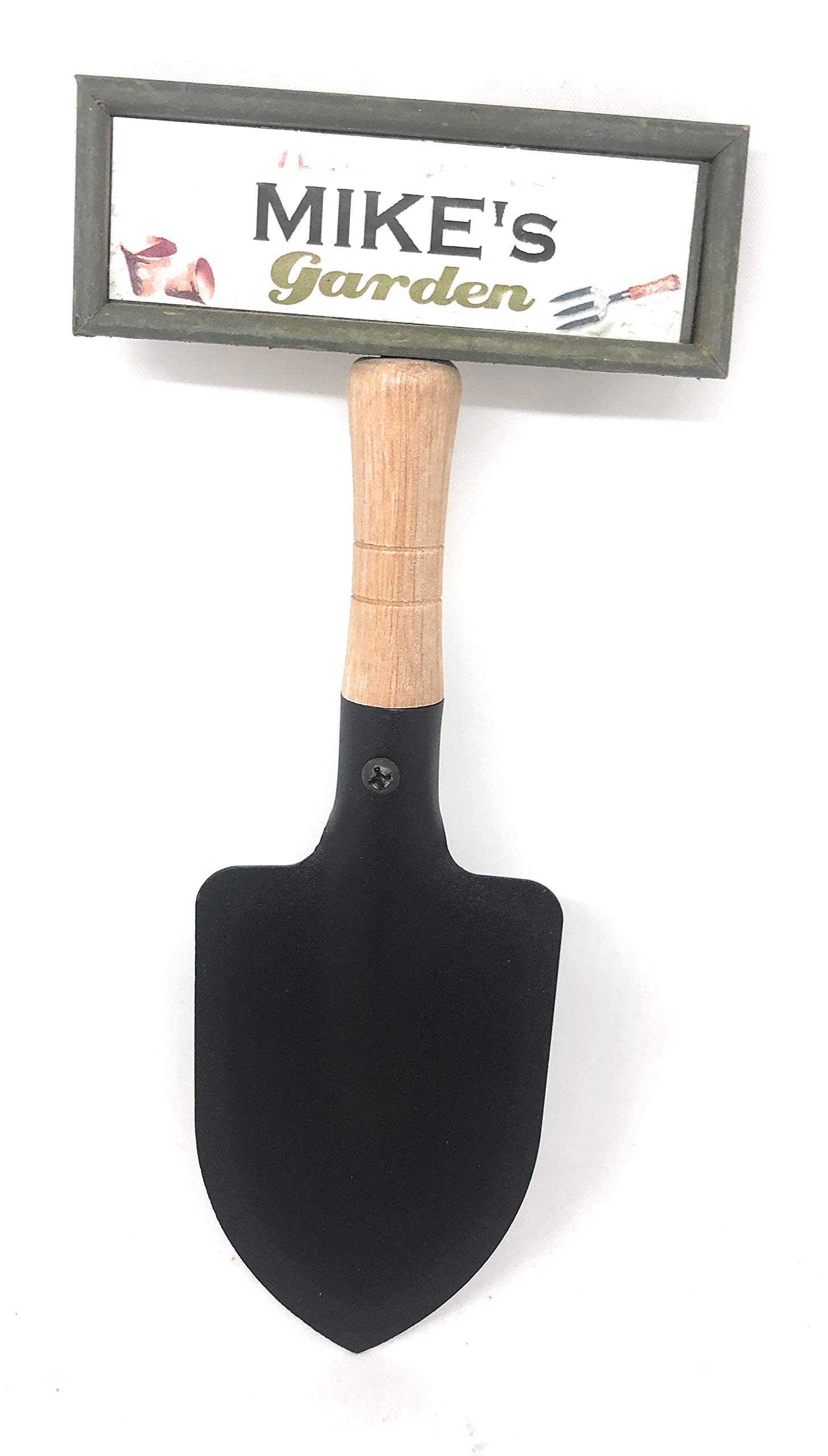 "Welcome to Mike's garden" hanging shovel sign