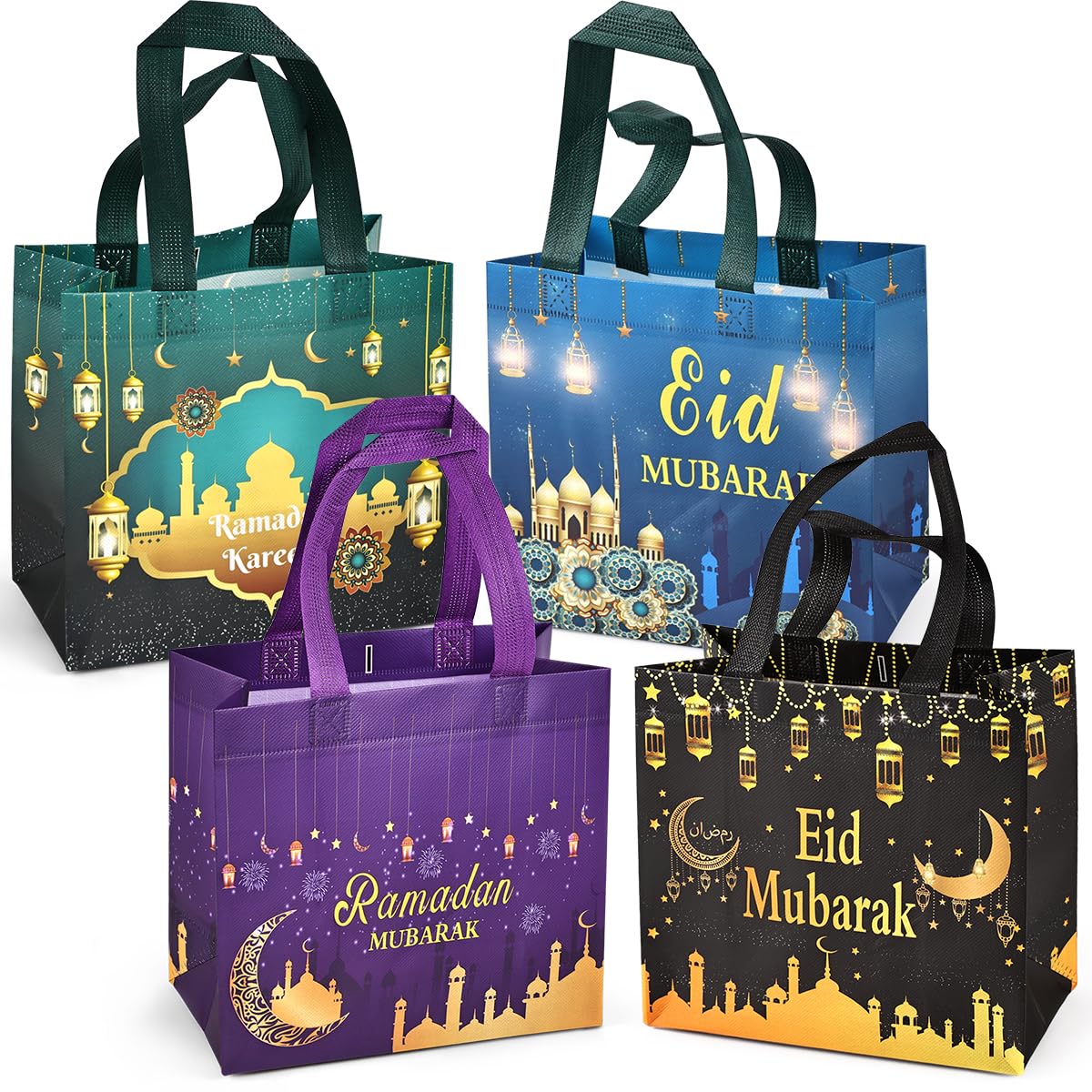 PARSUP 4PCS Eid Mubarak Reusable Gift Bags, Treat Bags with Handles, Ramadan Mubarak Party Bags, Multifunctional Non-Woven Eid Bags for Gifts Wrapping, Ramadan Kareem Party Supplies, 23×22×11cm