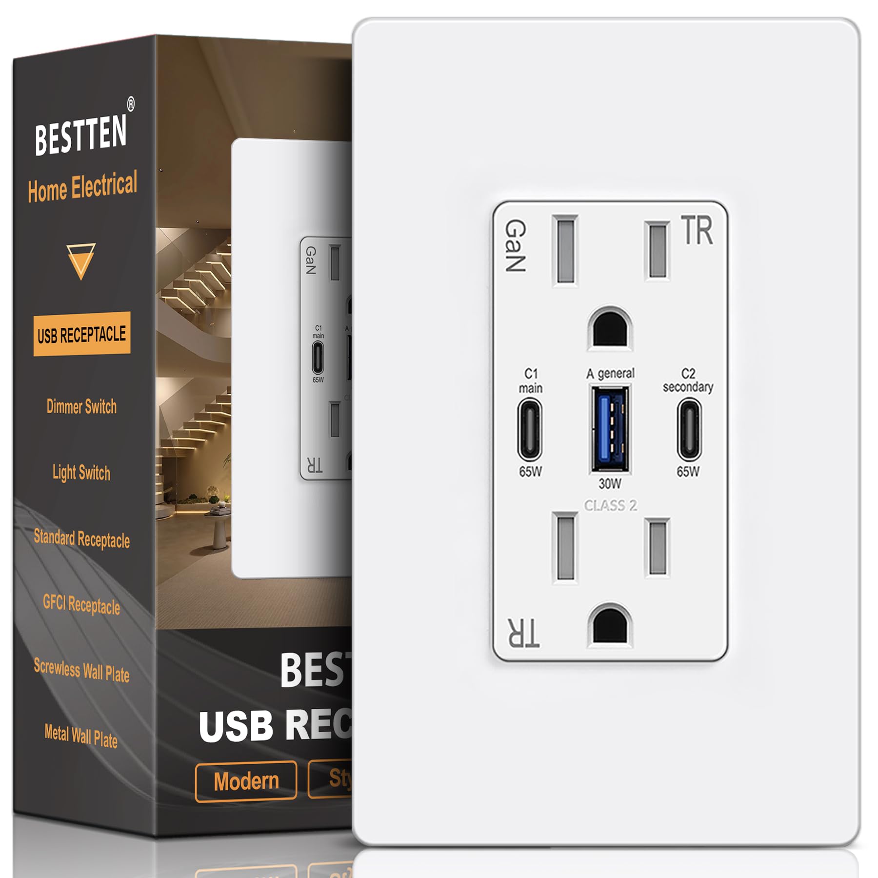 Photo 1 of *MISISNG PARTS*
BESTTEN GaN 65W USB C Wall Outlet for Laptop, 3-Port USB Outlet with 15A Tamper-Resistant Electrical Outlet, 2 Type-C & 1 Type-A Ports USB Receptacle, Screwless Wallplate Included, ETL Listed, White