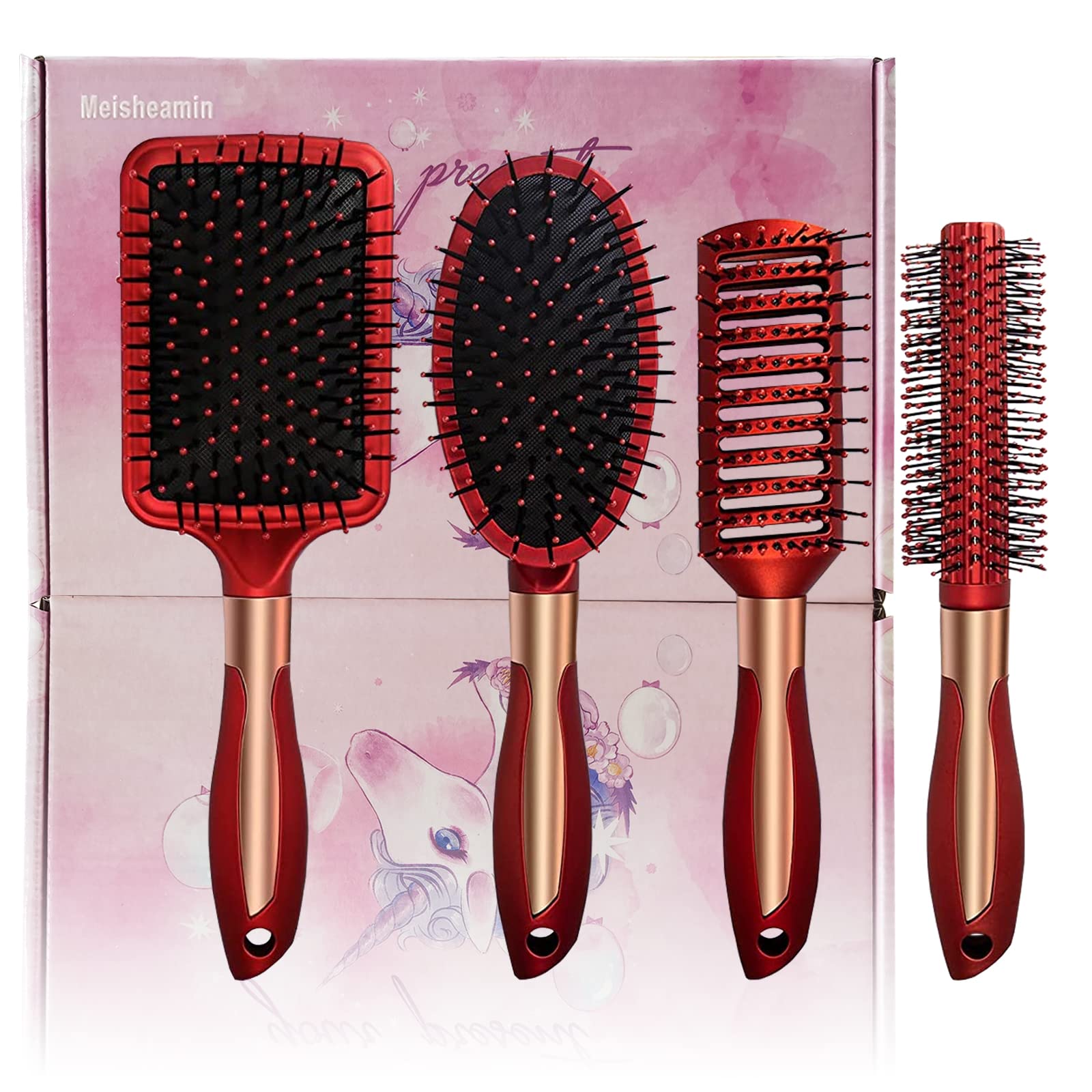 4 Pcs Hair Brush Set,Anti Static Massage Oval Comb,Detangling Brush Round Vent Hair Brush,Detangling Hairbrush for Women Men and Kids