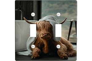 Highland Cow Bathroom Double Light Switch Cover Plate, Rustic Modern Towel Bathroom None Brown Plastic Standard Size Toggle L