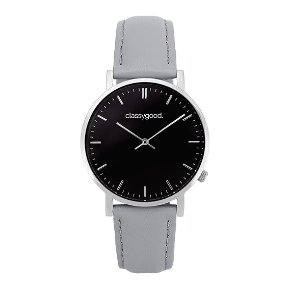 classygood. „Classic“ Damen/Herren Uhr Analog Quarzuhrwerk mit Leder Armband grau Silber Zifferblatt schwarz