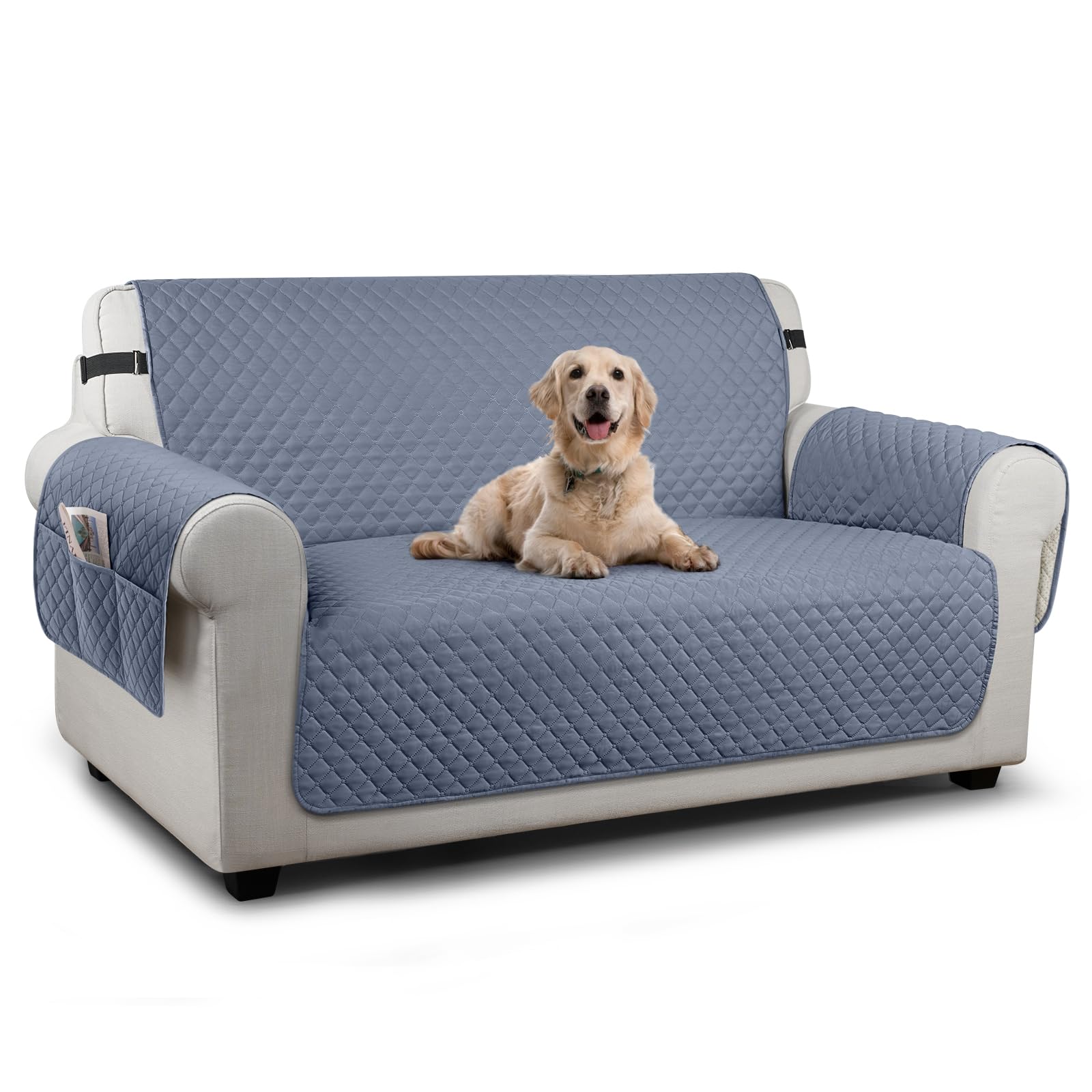 TAOCOCO Sofa 2 Seater Cover,Couch Covers with Storage Pockets,Anti Slip Settee Chair Covers,Machine Washable Sofa Protector for Dogs(Bluish Grey)