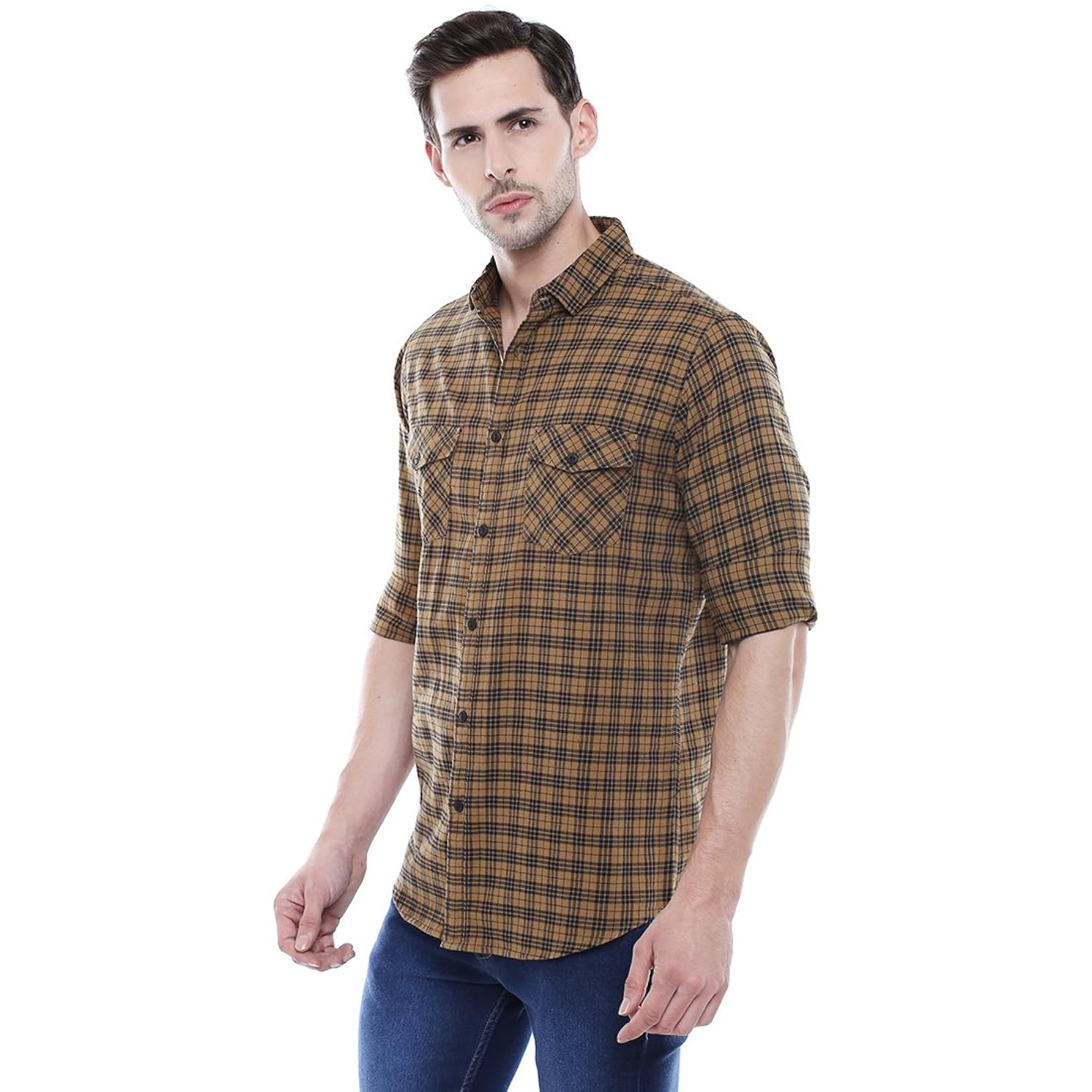 dennis lingo men's checkered mustard slim fit casual shirt