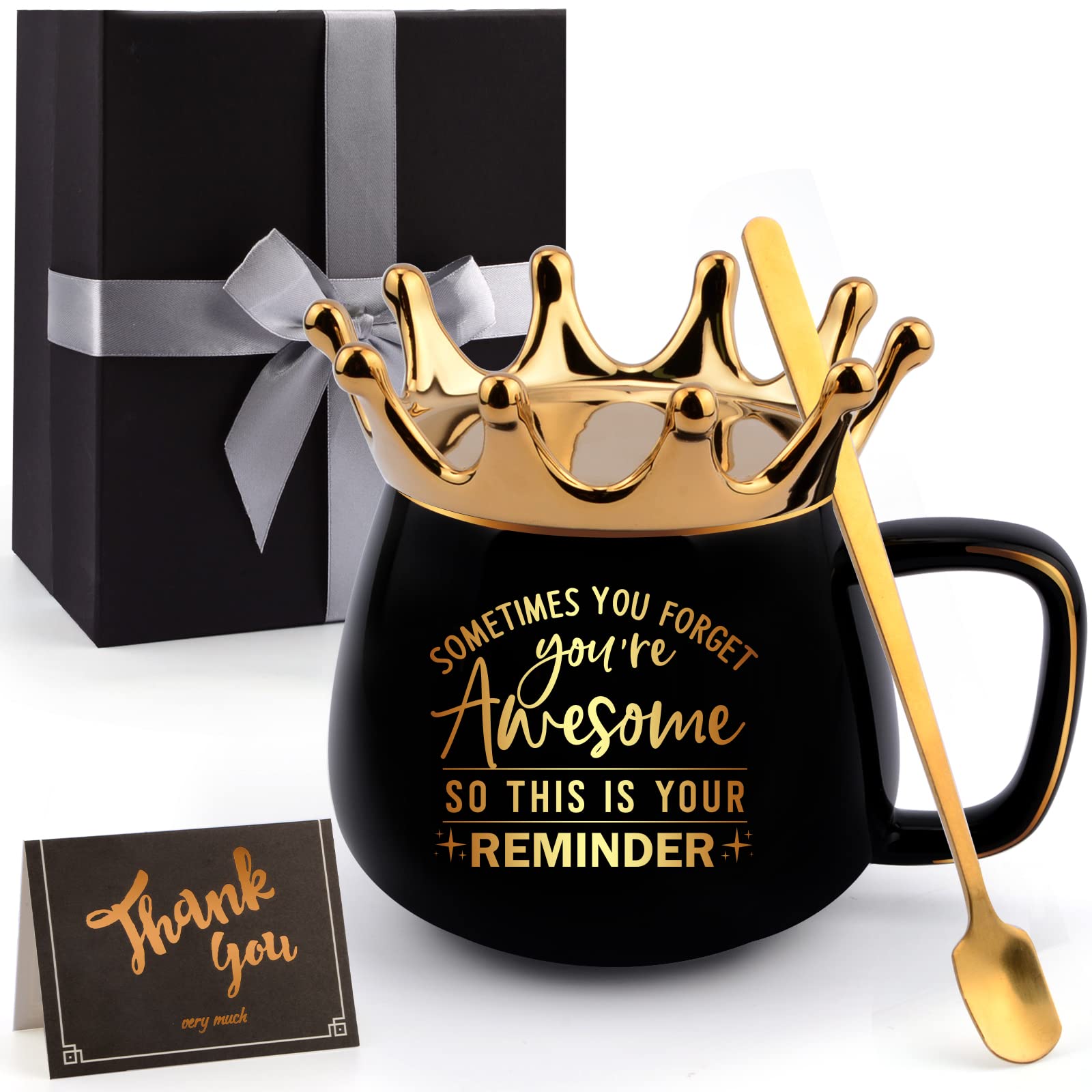 Thank You Gifts for Women-Sometimes You Forget Your Awesome-Funny Crown Coffee Mugs with Card for Graduation, Thank You Employee Appreciation Gifts for Boss Coworker Teacher(Black)