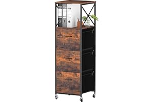 Vestibk 3 Drawers File Cabinet, Vertical Filing Cabinets for Home Office, Drawer with Adjustable Hanging Rail, A4/Letter Size Hanging File Folders, Open Shelf, Mobile Printer Stand, Rustic Brown