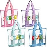 Shinylin 4 Pcs Chenille Letter Beach Tote Bag Waterproof PVC Preppy Bags with Nylon Handles Large Clear Beach Tote Bag Transparent Travel Stadium Tote for Women Summer Pool Party