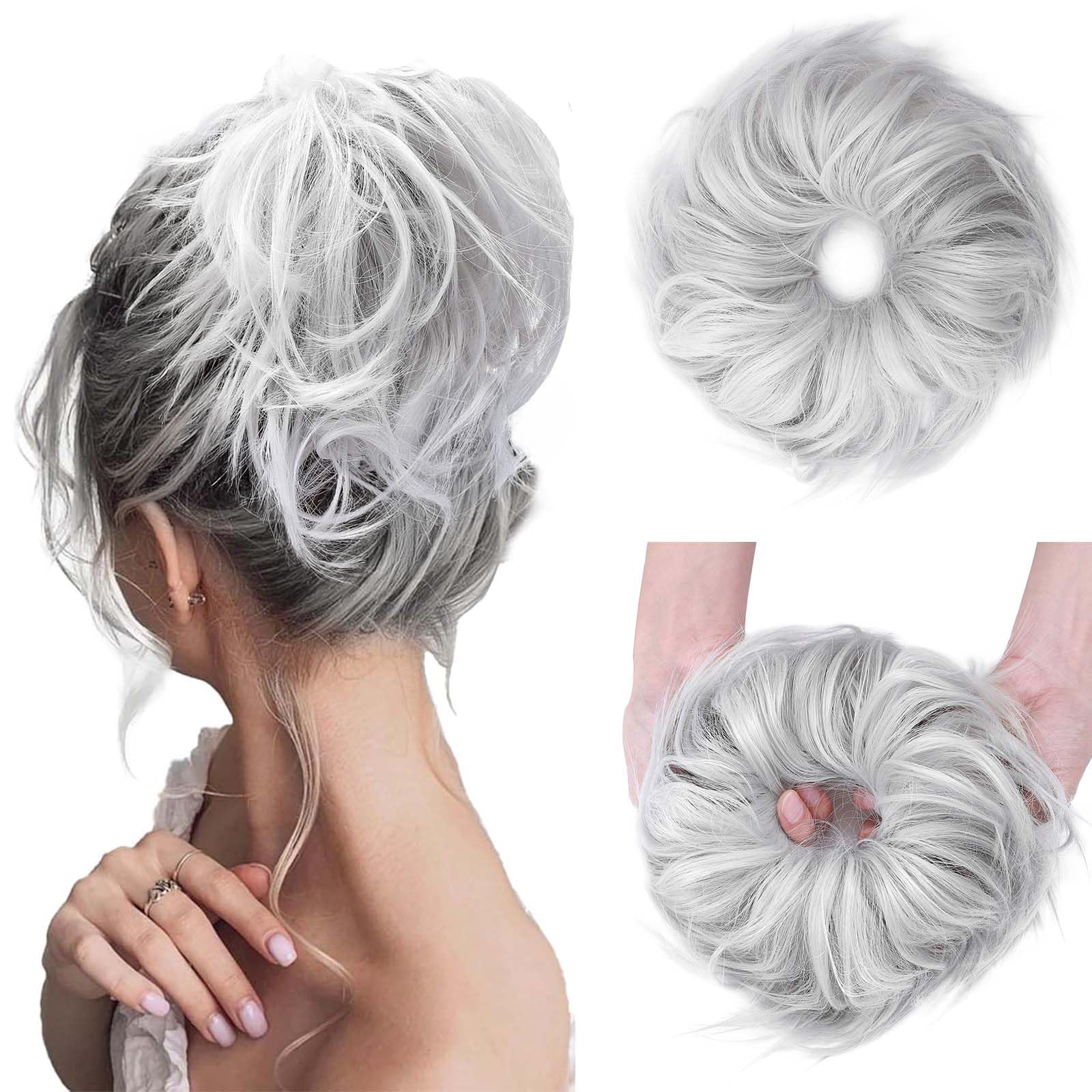 Real Fashion Tousled Updo Hair Pieces Messy Bun Hair-Scrunchies Extensions Hairpieces Ponytails HairExtensions for Women Silver Grey