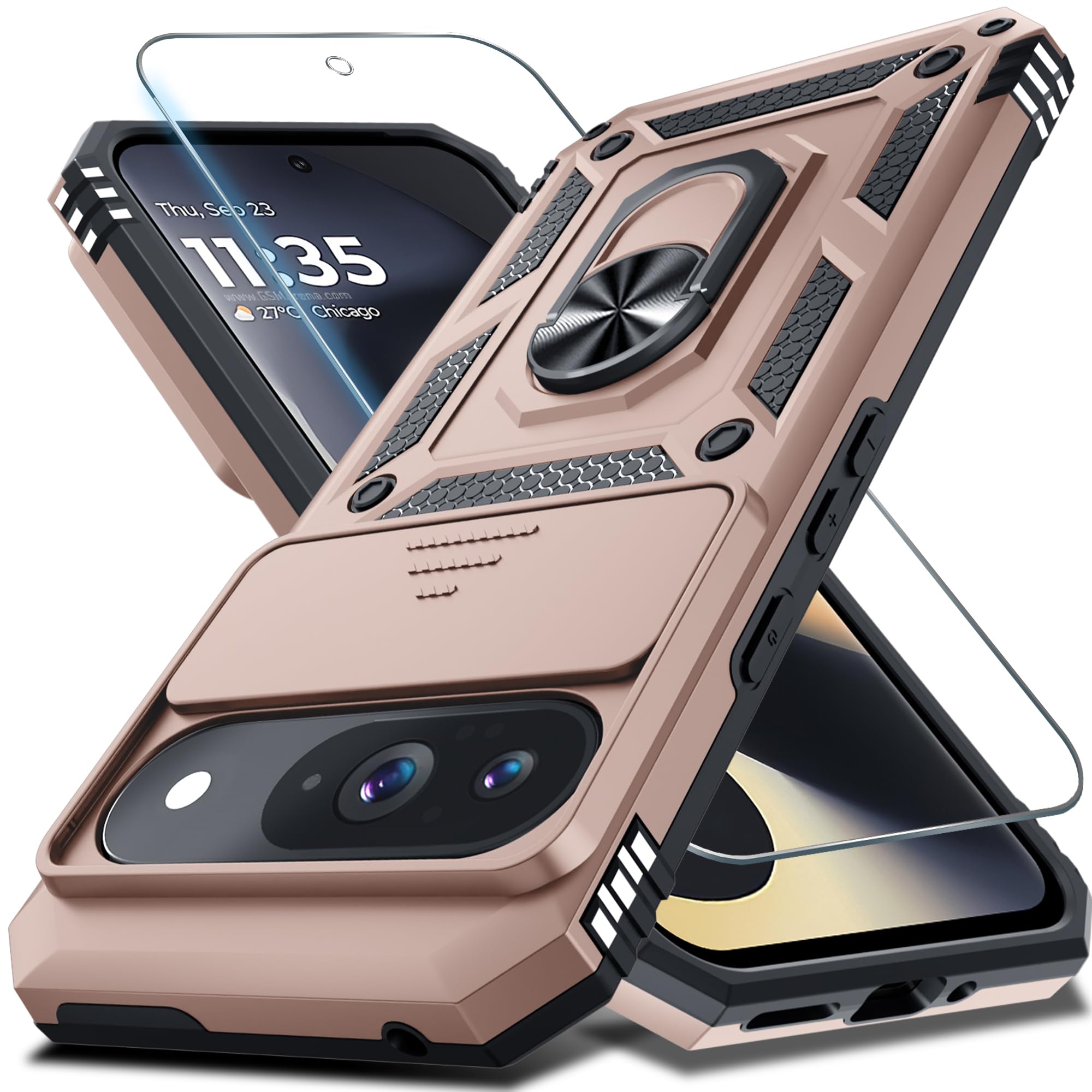 Photo 1 of **2 pack***Janmitta Case Compatible with Google Pixel 9/9 Pro Built in Slide Camera Lens Cover+Screen Protector+Finger Ring Holder Kickstand,Heavy Duty Shockproof Full Body Protective Phone Cover,Rose Gold