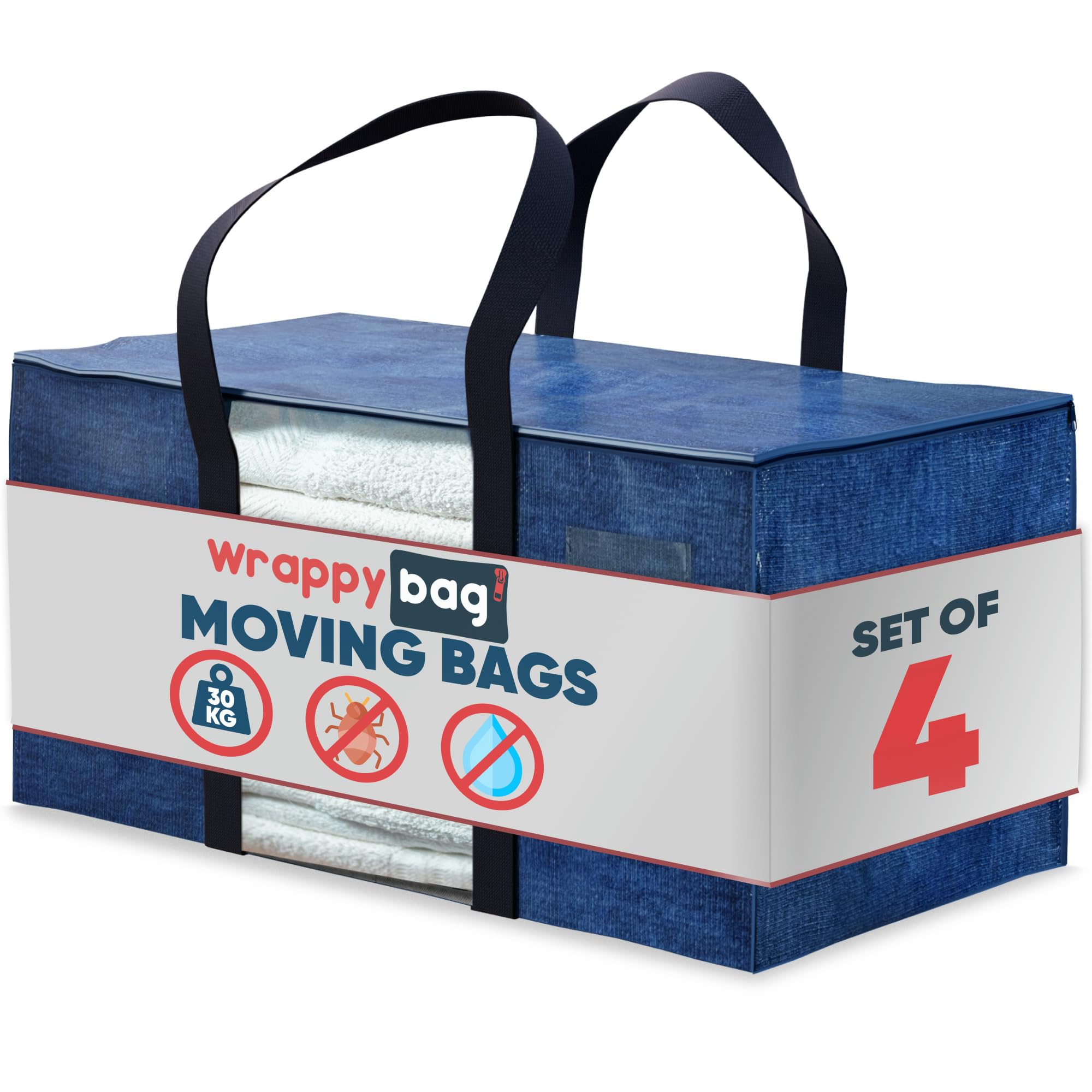 WRAPPYBAG Pack of 4 XXL Storage Bags – with transparent window - Packing bags for Moving House – Water-reppelent with Reinforced Handles – for Clothes & Bedding storage – 75 x 36 x 38 cm