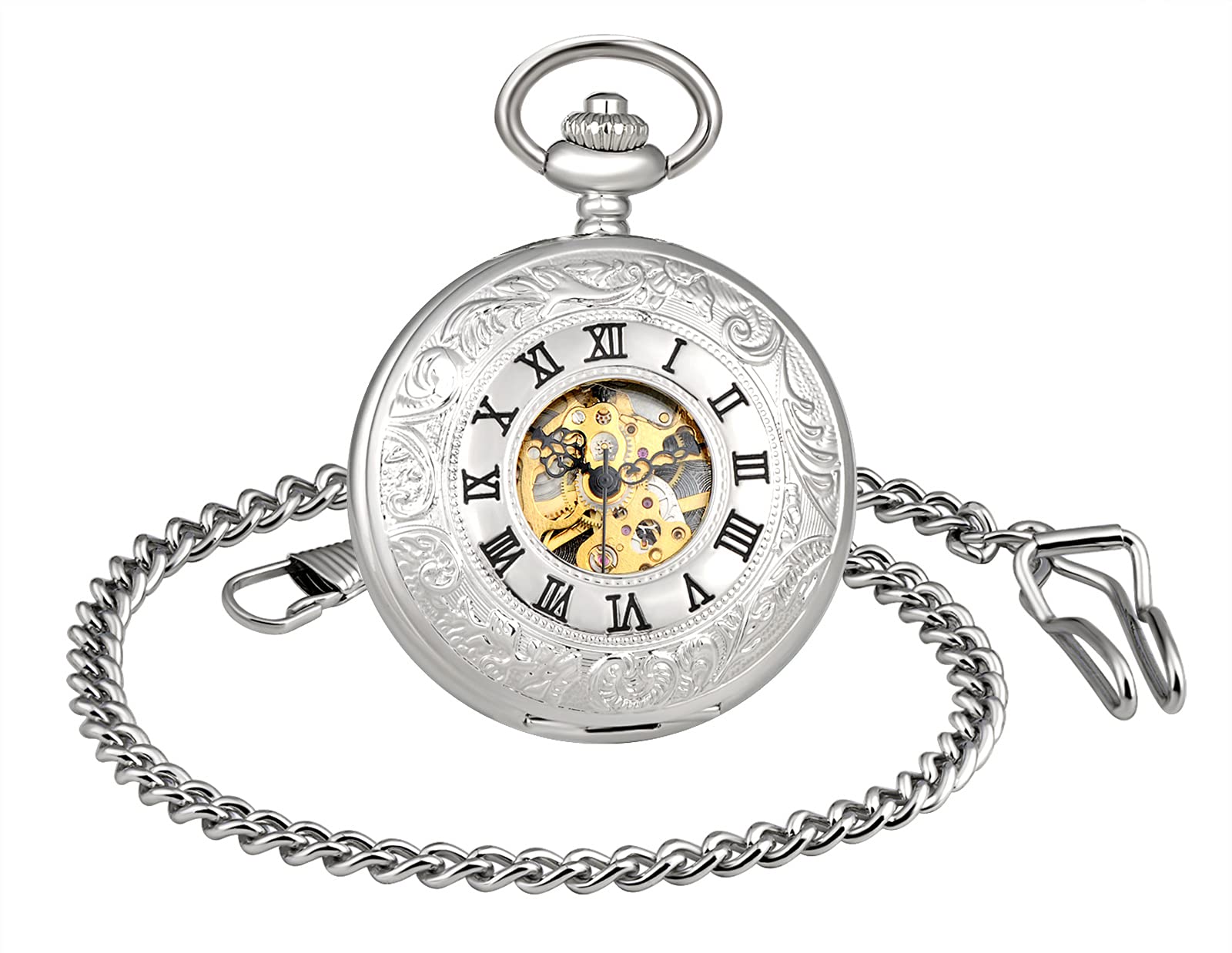 MICGIGI-Unisex Pocket Watch Mechanical Hand-Wind Classic Analogue Skeleton Pocket Fob Watches with Chain