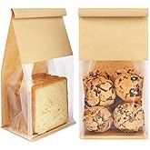 Foranda 100 Pack Bakery Bags with Window, 5.1x3.9x11 Inches Tin Tie Tab Lock Resealable Cookie Bags for Packaging Bagels, Bread Loaf, Pastry, Baked Goods | Thick Material, Grease Resistant, Self Standing