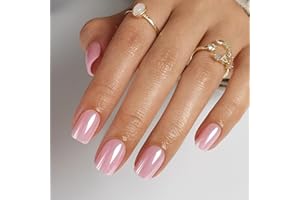 SHANGMENG Pink Chrome Press on Nails Square - Soft Gel Press on Nails Short for Women Gift, Glossy Stick on Nails with Glue in 16 Sizes - 32 Reusable Fake Nails, Aurora Light Pink