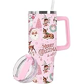 JarThenaAMCS 1 Pcs Christmas Tumbler with Handle Lid Straw 40 Oz Pink Santa Claus Deer Stainless Steel Travel Tumbler Cup for Xmas Iced Coffee Party Favor