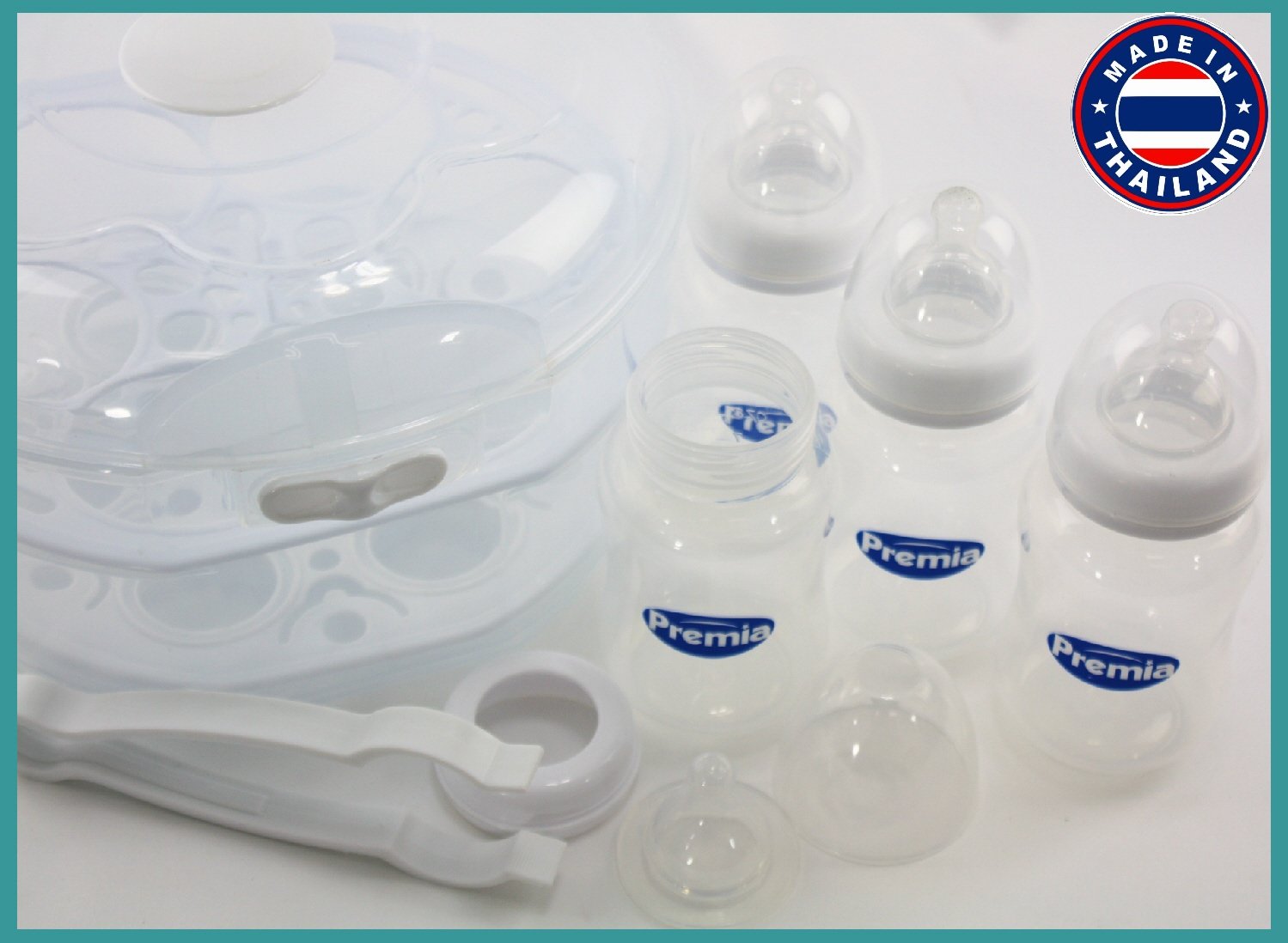 Premia Deluxe Microwave Steam Sterilizer Starter Set Includes 4 (8oz/250ml) Wide Neck Baby Bottles, Sterilizing Tongs & 2 Racks -Fits up to 6 Wide Neck or Standard Size Bottles : Baby