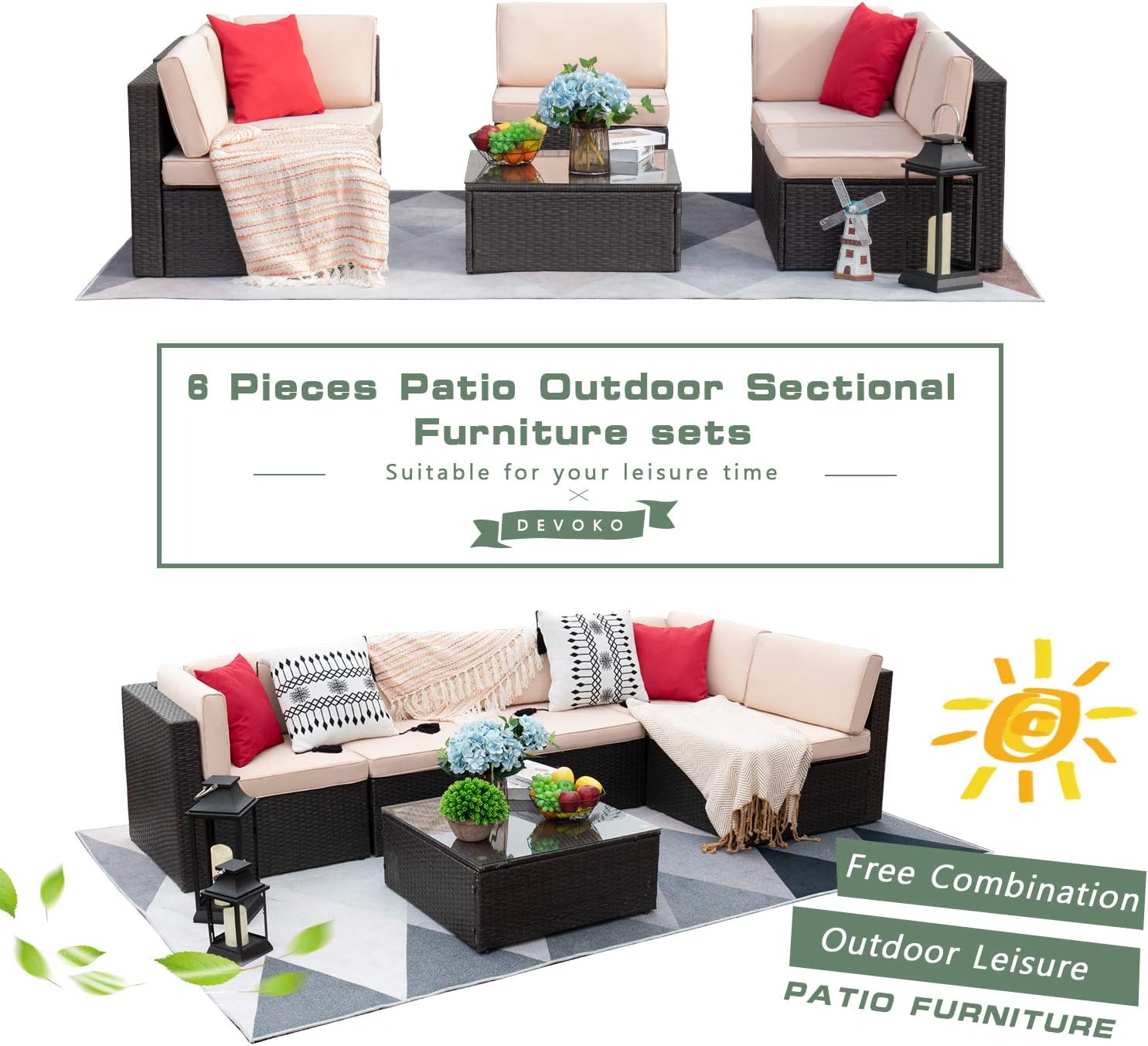 Devoko Patio Furniture Sets 6 Pieces Outdoor Sectional Rattan Sofa All-Weather Manual Weaving Wicker Patio Conversation Set with Glass Table and Cushion (Beige): Garden & Outdoor