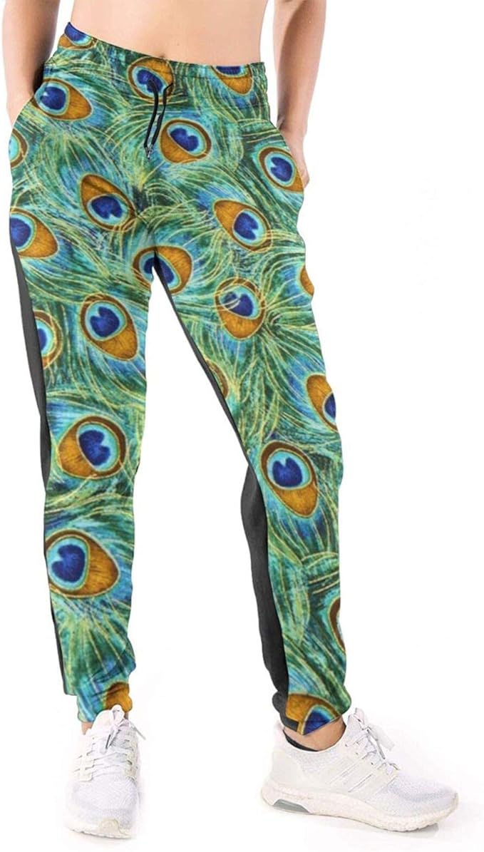 TQ1 Peacock Feathers Pants for Women Casual with Pockets Pull On