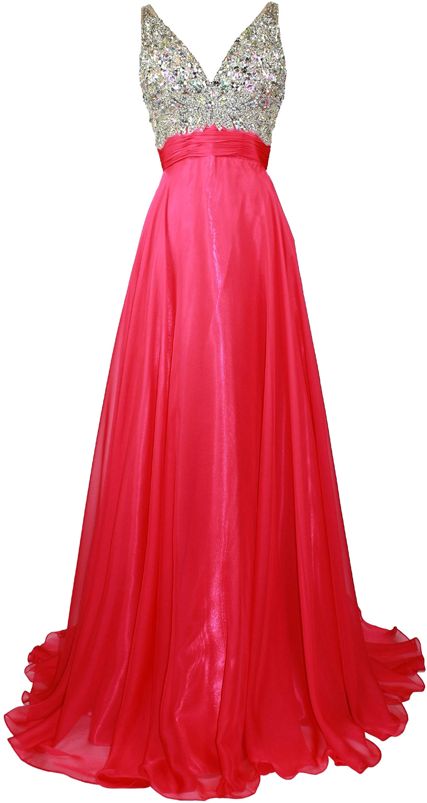 Watermelon A-line Chiffon V Neck Split Formal Evening Prom Dress, Rhinestones