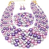 We We Faux Large Pearl Necklace for Women Five Multi Strand Pearls Necklace Bracelet Earrings set Big Pearl Bib Choker Necklaces 1920s Costume Jewelry Set