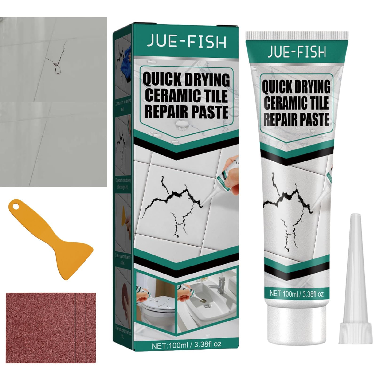 Ceramic Tile Repair Paste,Ceramic Tile Small Hole Repair,Porcelain Sink Restore Kit White,Crack Hole Scratches Restore Paste,Porcelain Sink Crack Mend,Bath Enamel Mend Kit with Sandpaper and Scraper