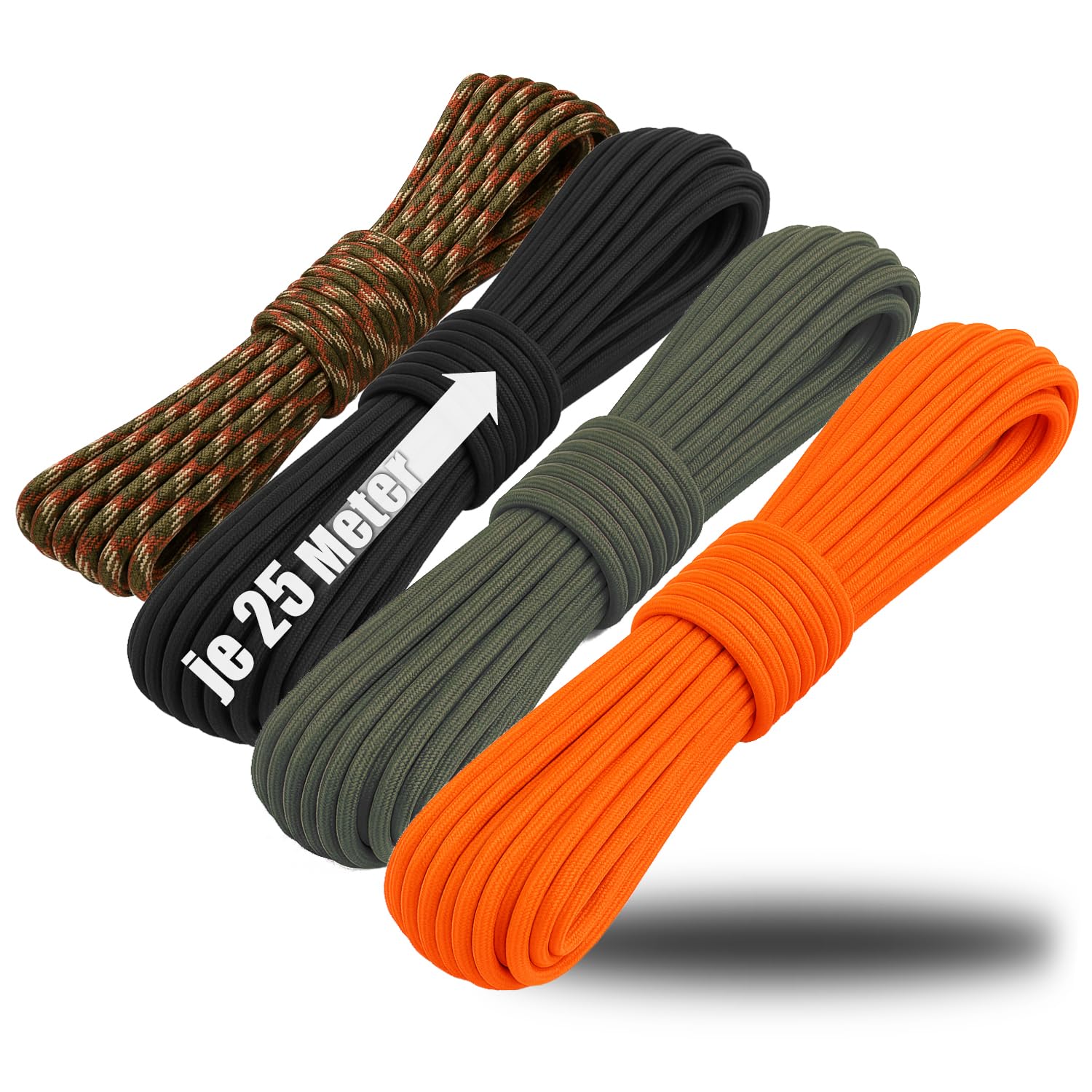 COM-FOUR® 4x paracord cord Ø 4 mm, 25 m - rope with 7 core strands for boat, camping, outdoor - nylon rope with 250 kg load capacity (4 pieces - colorful)