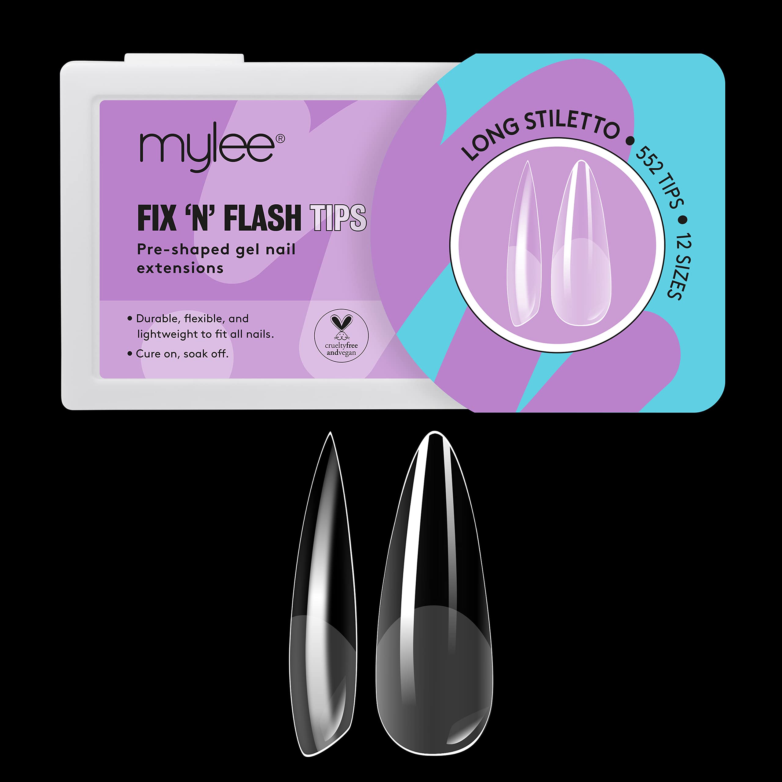 Mylee Fix N Flash Soft Gel Tips - Long Stiletto - 552 PCS, Full Cover Soft Gel Nail Tips, Nail Art Extensions, Flexible & Resistant, 12 Different Sizes, Fit All Nails — image 1