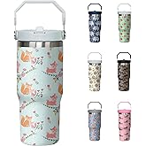 30oz Fox Tumbler with Handle and Flip Straw, Stainless Steel Insulated Cup, Travel Coffee Mug Water Bottle, Birthday Mothers Day Chritmas Gifts for Women Animal Lovers
