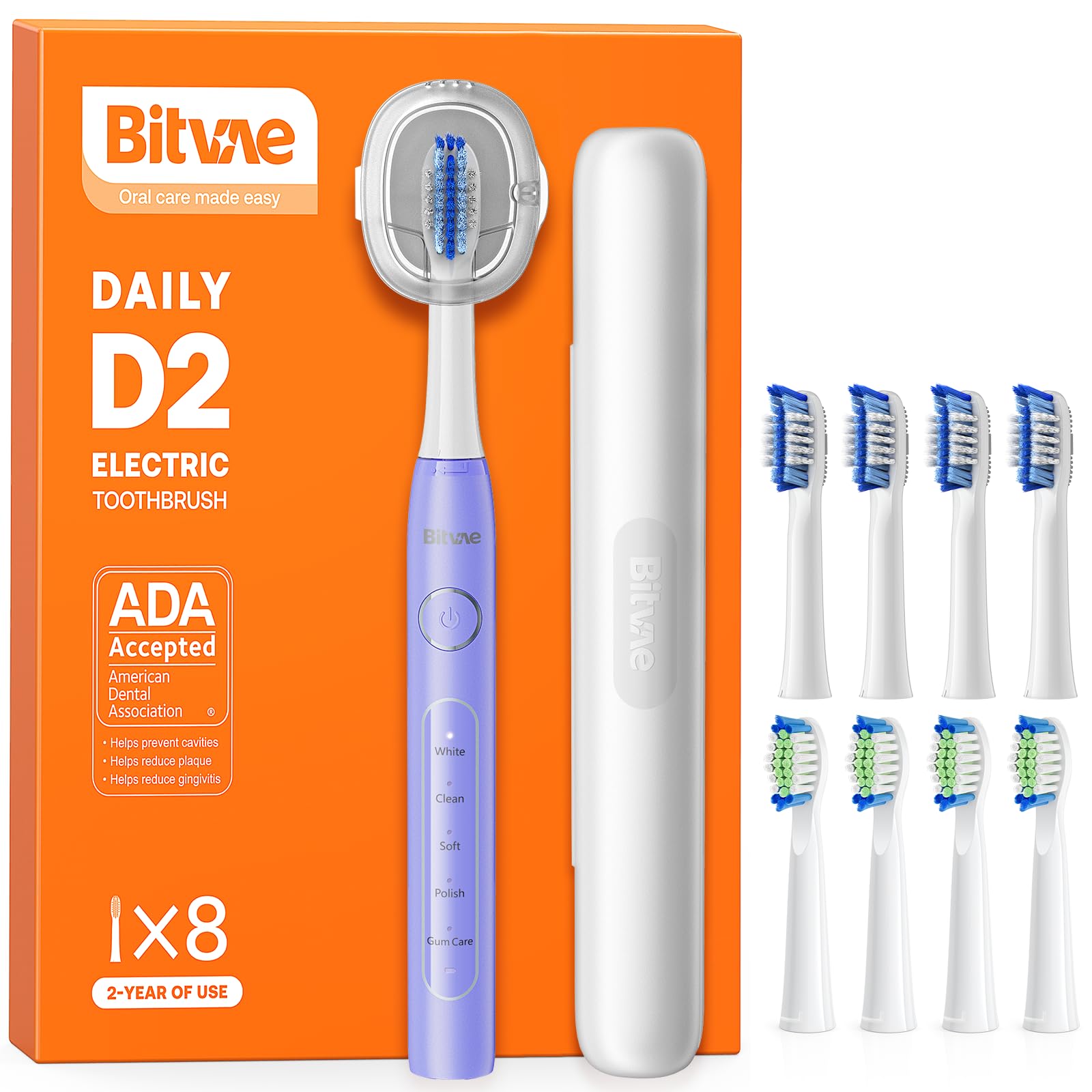 Bitvae Ultrasonic Electric Toothbrush for Adults and Kids, ADA Accepted Travel Electric Toothbrush with Rechargeable 60-Day Battery Life, 8 Toothbrush Heads, 5 Modes, Toothbrush Holder, Purple